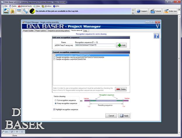 Sequence Recognition & Vector Removal tab